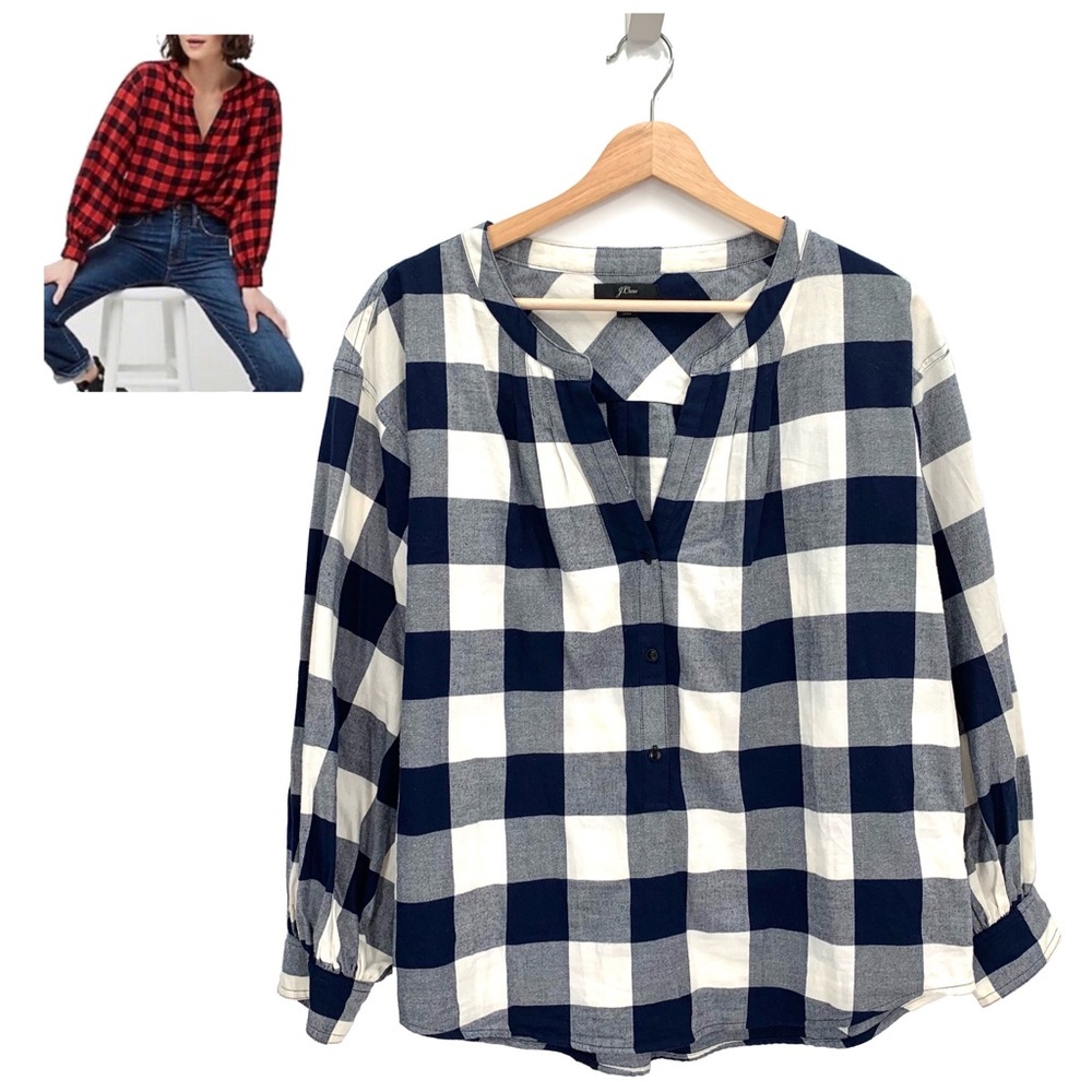 J. Crew Navy Blue White Flannel Open V Neck Long Sleeve Shirt Top Size Small